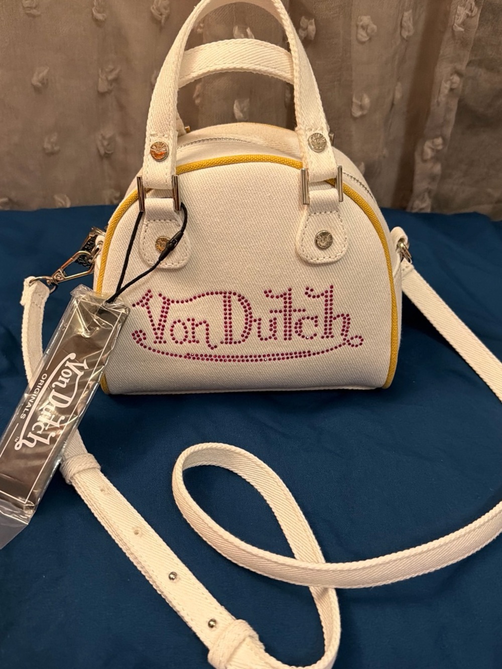 Von Dutch White Mini Dome Crossbody with Pink Logo and Yellow Trim